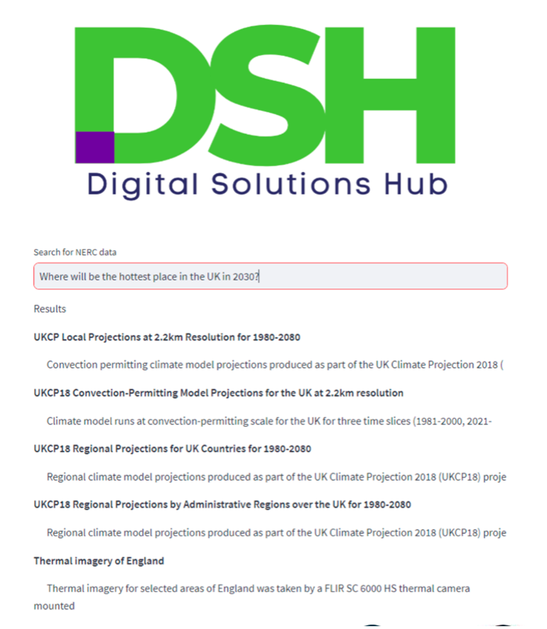 A screenshot of the Digital Solutions Hub. Text has been typed into the search bar saying "Where will be the hottest place in the UK in 2030?". There is then a results section underneath the search bar with a range of search results of data available in the Hub.