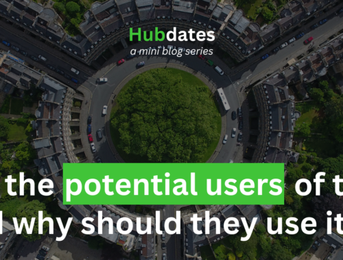 This graphic has The University of Manchester logo and the Digital Solutions Hub logo in the top left and right corners respectively. The main text reads 'Who are the potential users of the DSH and why should they use it?'. There is also text between the two logos at the top that reads 'Hubdates: a mini blog series'.