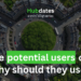 This graphic has The University of Manchester logo and the Digital Solutions Hub logo in the top left and right corners respectively. The main text reads 'Who are the potential users of the DSH and why should they use it?'. There is also text between the two logos at the top that reads 'Hubdates: a mini blog series'.