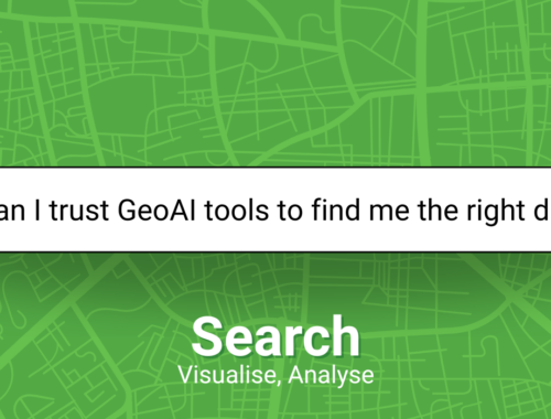 A green map background with a search bar in the center. The search bar contains the text 'Can I trust GeoAI tools to find me the right data?' with a magnifying glass icon to the left. The top left corner features 'The University of Manchester' logo with 'MANCHESTER 1824' above it. The top right corner displays the 'DSH Digital Solutions Hub' logo. Below the search bar, white text reads 'Search Visualise, Analyse.'