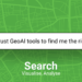 A green map background with a search bar in the center. The search bar contains the text 'Can I trust GeoAI tools to find me the right data?' with a magnifying glass icon to the left. The top left corner features 'The University of Manchester' logo with 'MANCHESTER 1824' above it. The top right corner displays the 'DSH Digital Solutions Hub' logo. Below the search bar, white text reads 'Search Visualise, Analyse.'