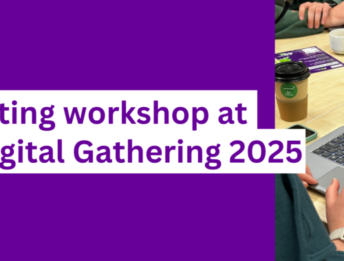 Graphic for a user testing workshop at the NERC Digital Gathering 2025, featuring logos from The University of Manchester and the Digital Solutions Hub. The background shows people seated around a table using laptops and printed materials, with one laptop displaying a digital map interface. A coffee cup and smartphone are also visible, suggesting a collaborative and informal setting.